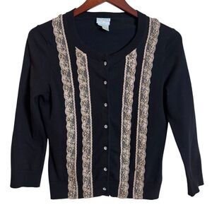 Vintage 90s Tracy Reese NY Black & Gold Lace Dainty Cardigan Sweater Size Small